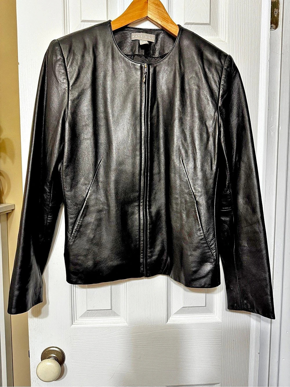 Kate Hill Collarless Leather Zip Jacket Black Size 8